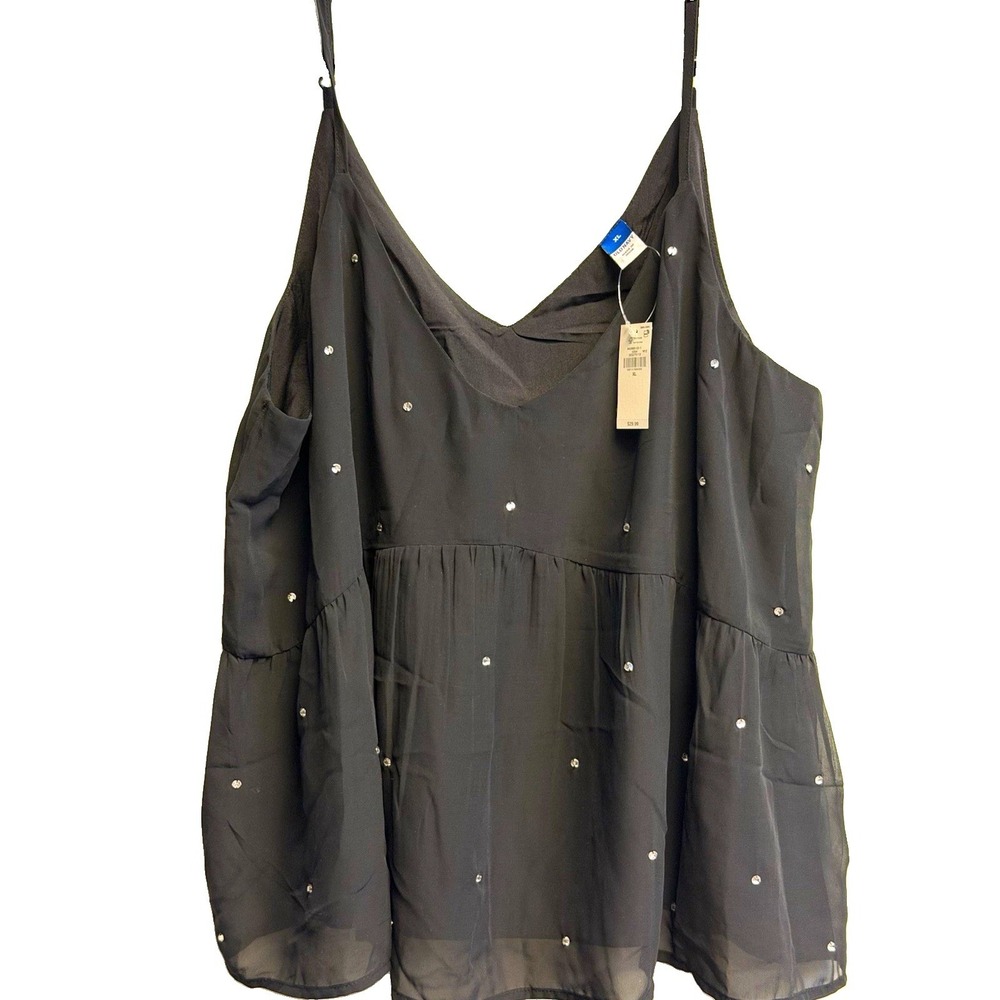 Old Navy Women's Black Solid Cami Top Spaghetti Strap V-Neck Rhinestone XL NWT